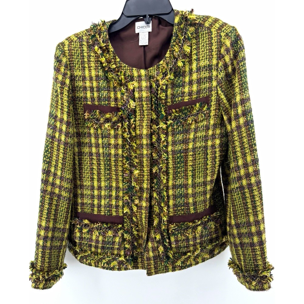 Chico's Green Tweed Jacket Blazer Size 1 Plaid Fringe Chain Trim Lined Vintage